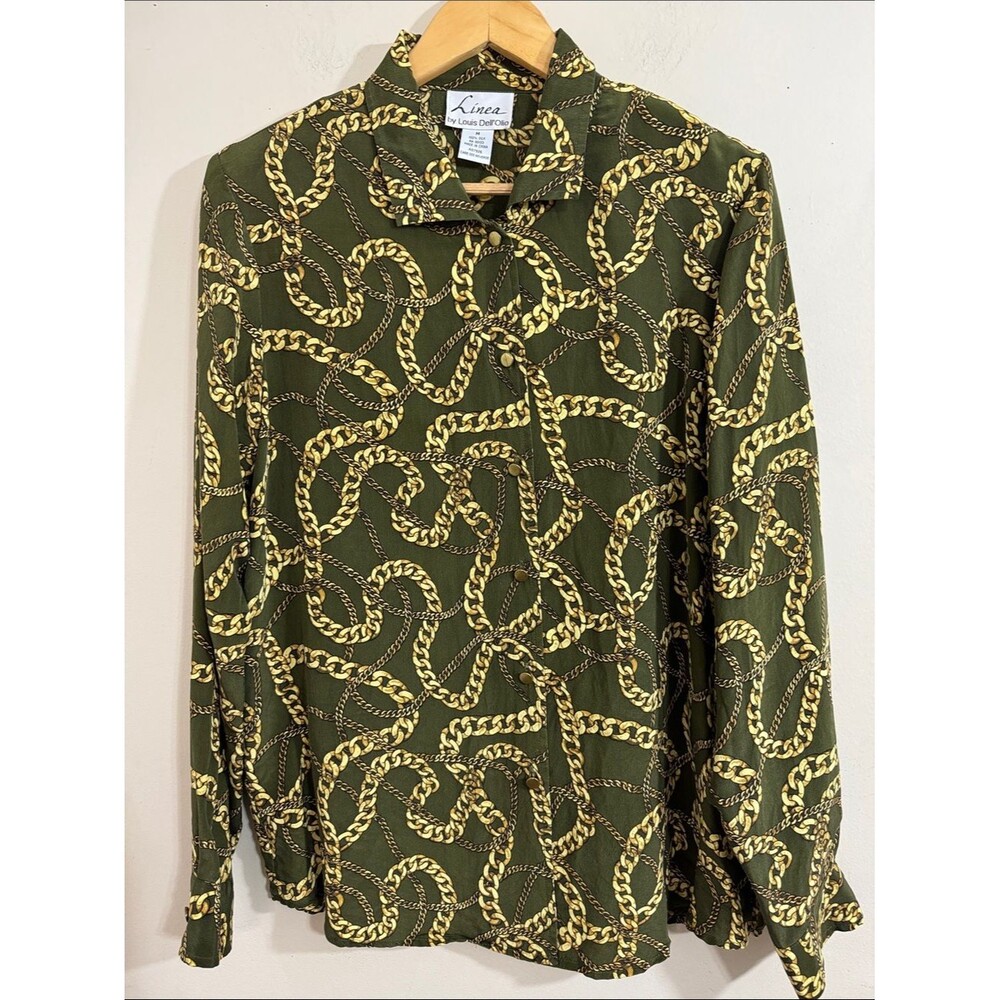 Linea by Louis Dell'Olio Olive Gold Chain-Print Silk Blouse size M Maximalism